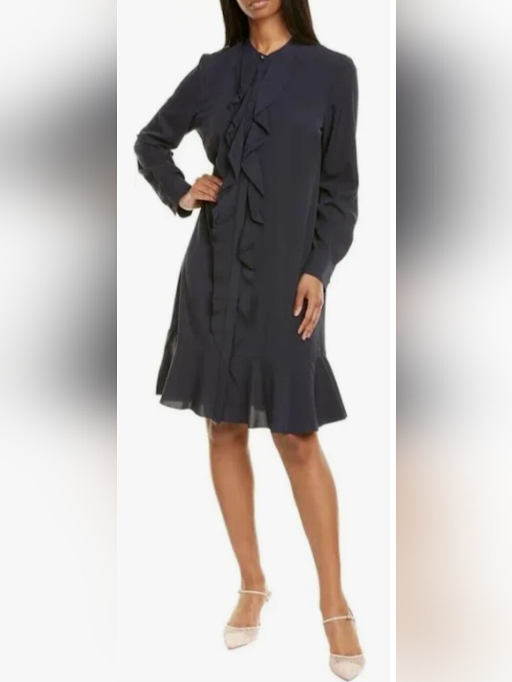 $425 NWT TORY BURCH JANE SHIRT DRESS DROP WAIST CREPE DE CHINE RUFFLE NAVY